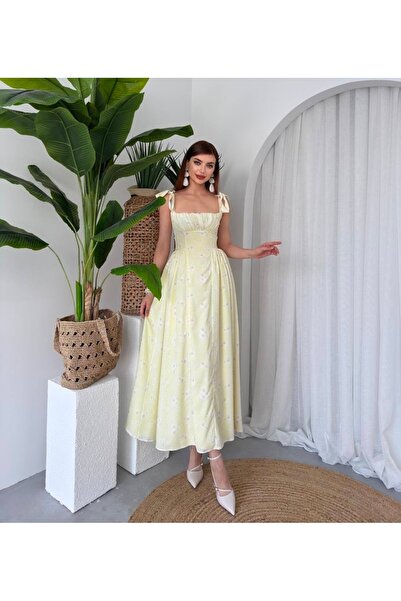 Starmount Butik Sarı çiçekli yazlık günlük elbise