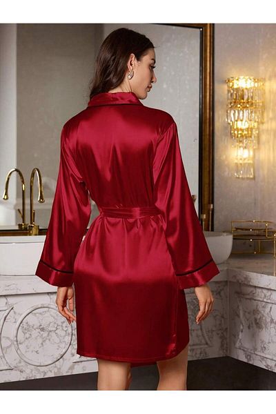 Jermo Women's Elegant and Stylish Short Satin Dressing Gown with Thin Interlayer Sleeves and Flap Details with Belt