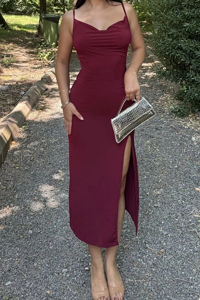 Sorridi Degaje Collar Slit Draped Sandy Maxi Dress