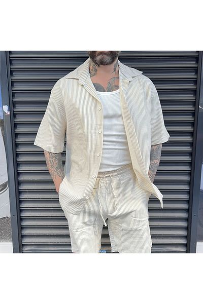 bafatex Striped Detailed Oversize Shirt Shorts Set