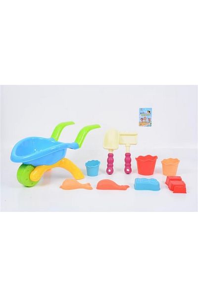 OEM Kids Sand Play Set with Wheelbarrow, Shovel, Rake and Beach Shapes Creative Play 3+