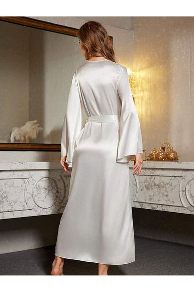 Jermo Women's Shoulder Lace Detailed Bat Sleeve Long Single Dressing Gown with Belt