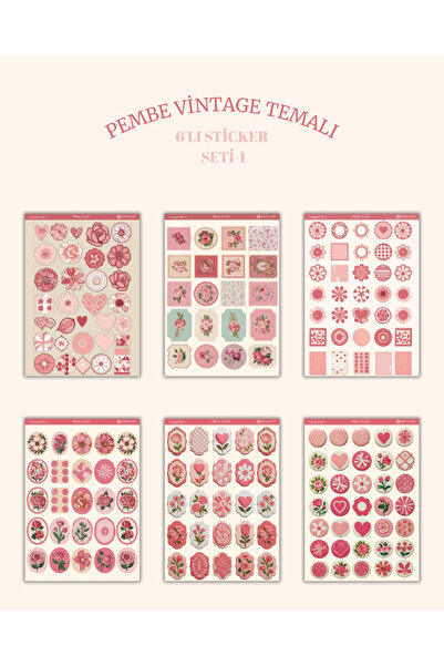 MirayDesign 6'lı Pembe Vintage Temalı Sticker Seti–12x17 cm|Bullet Journal,Sc...