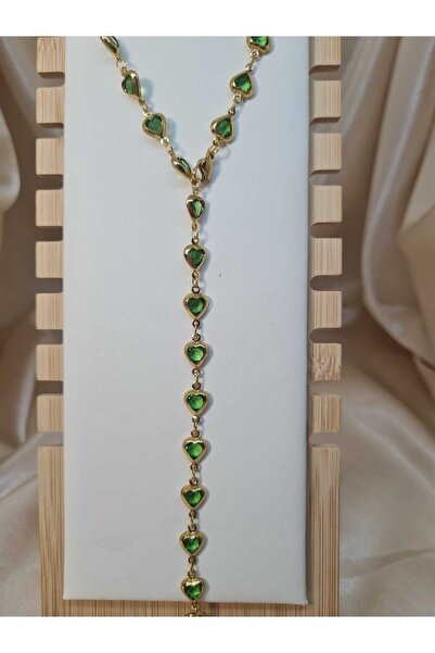 ZEYM Yeşil Taşlı Altın Renk Y Harf Şekilli Uzun Zincir Kolye - Zarif El Yapım...