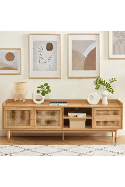 WoodenDecoration01 Scandi Tarzı TV Ünitesi – Bombong 180 cm, Ahşap & Rattan Detaylı