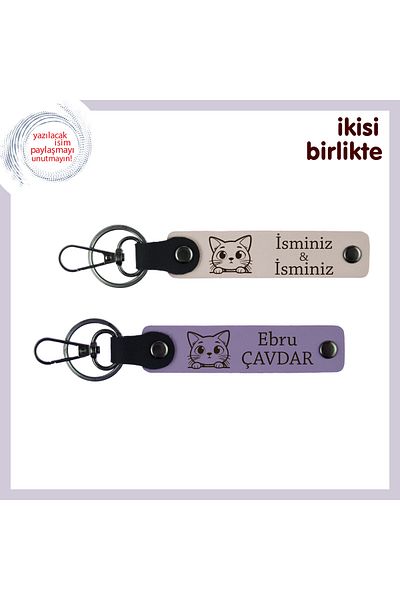 Miaju Stylish Touch of the Pet Dog, Leather Keychain Set with Cat, Name Written, Powder-Purple Violet