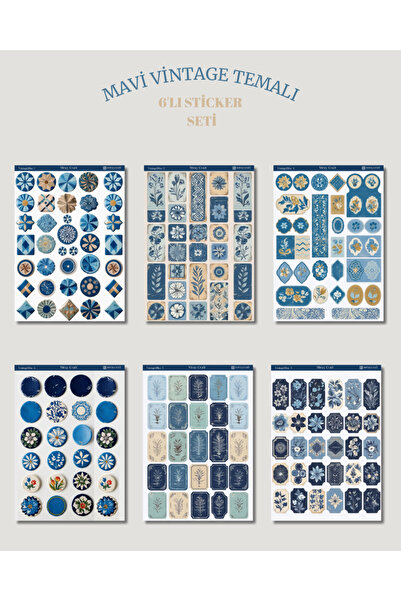 MirayDesign 6'lı Mavi Vintage Temalı Sticker Seti–12x17 cm|Bullet Journal, Sc...