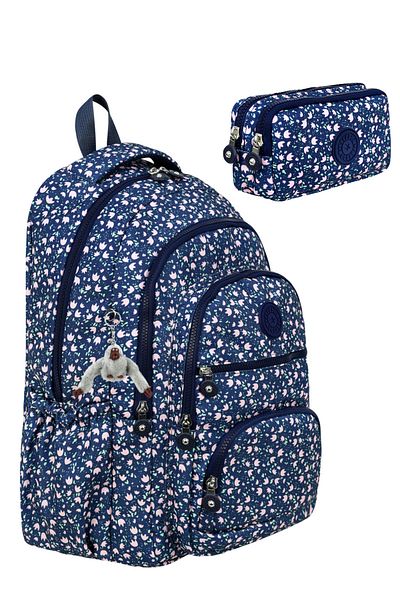 Çantaland Set of 2 Luxury Crinkle Fabric High School and Middle School Backpack + Pen Holder, Monkey Keychain Gift