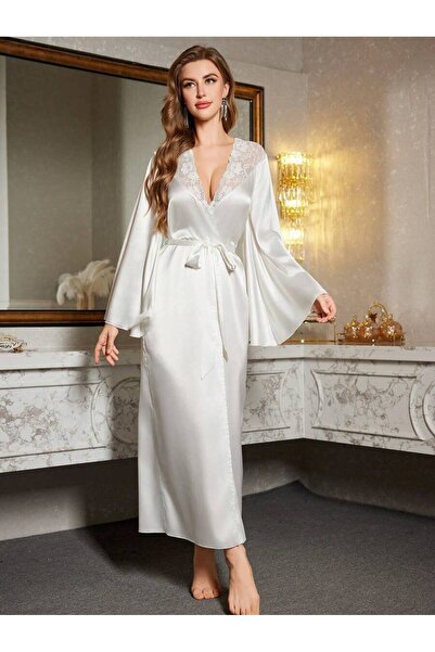Jermo Women's Shoulder Lace Detailed Bat Sleeve Long Single Dressing Gown with Belt