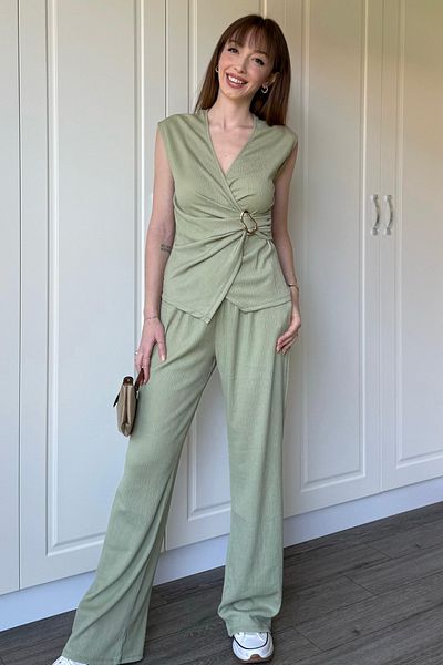 ereskiga Çağla Green Buckle Double Breasted Collar Suit