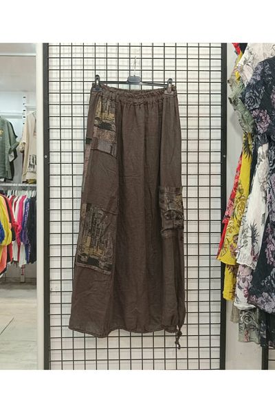 Butik Şans Италианска ленена пола с еластична талия и детайл от кръпка
