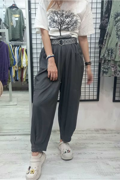 Butik Şans Belt Detailed Pocketed Lyocell Fabric Italian Trousers