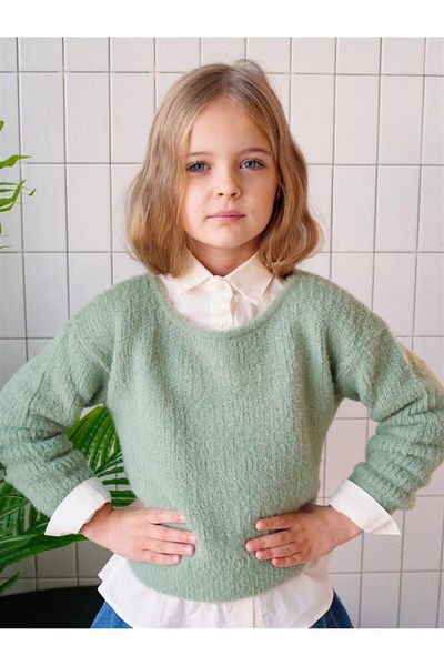 Marka Sensin Kids Girl's Crew Neck Knitwear Sweater White Shirt Pocket Denim Skirt Triple Set