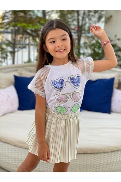 Marka Sensin Kids Girl's Glasses Detailed Cotton Combed Cotton T-Shirt Cotton Satin Pleated Skirt Set of 2