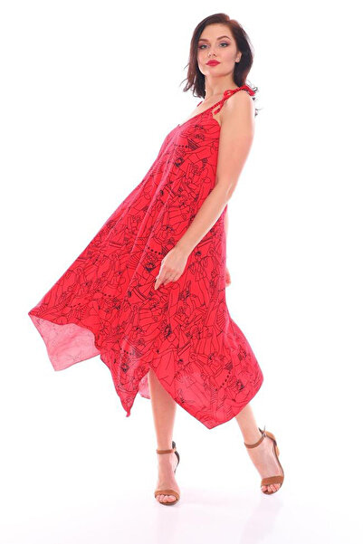 Polologin Butik Red Tie-Dye Patterned Summer Dress with Rope Strap