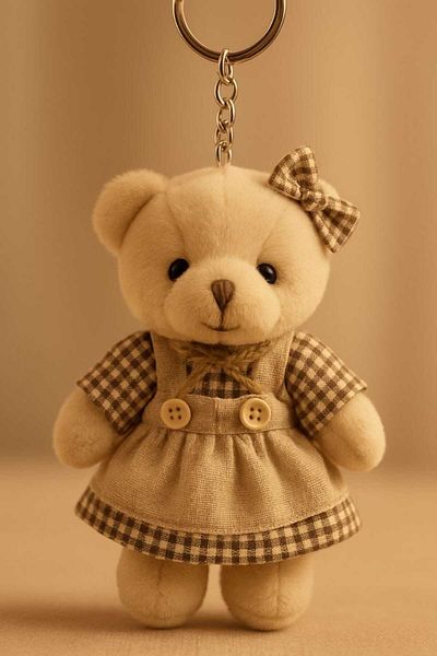 Şirin Sweet Girl – Plush Teddy Bear Keychain in Burgundy Plaid Dress