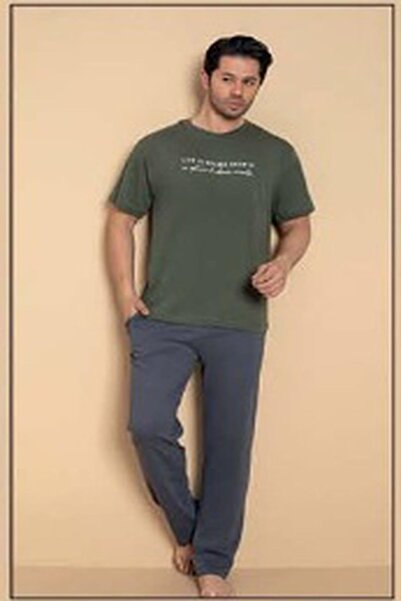 PİJAMERRY Pijamerry Men's Crew Neck Short Sleeve Combed Cotton Pajama Set 6133 - 1 Piece