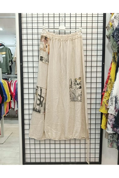 Butik Şans Patch Detailed Elastic Waist Italian Linen Skirt