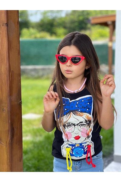 Marka Sensin Kids Girls' Printed Cotton Combed Cotton T-Shirt Ripped Belt Jeans Trousers Double Set