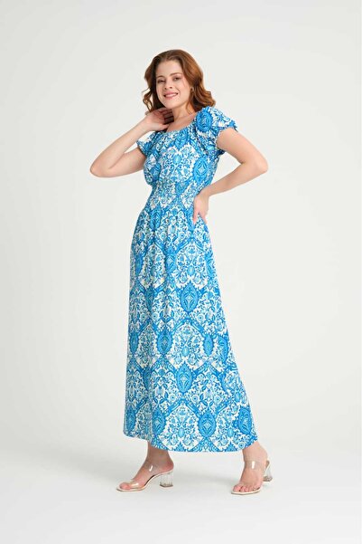 Genel Markalar Elbise - FM061 Model Mavi Baskılı Belden Oturmalı Uzun Elbise.