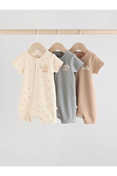 Next Baby % 100 Pamuklu Krem Kahve 3'lü Romper Set