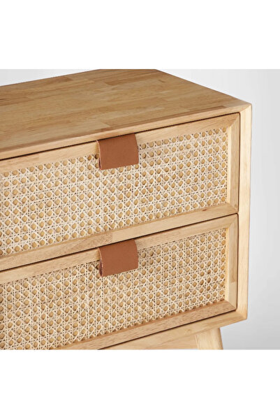 WoodenDecoration01 Doğal Hasır Detaylı Ahşap Komodin – 2 Çekmeceli