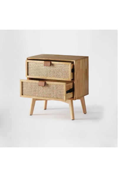 WoodenDecoration01 Doğal Hasır Detaylı Ahşap Komodin – 2 Çekmeceli