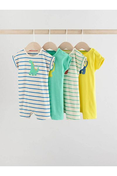 Next Baby 100% Cotton Blue Green Dinosaur Patterned 4-Piece Romper Set