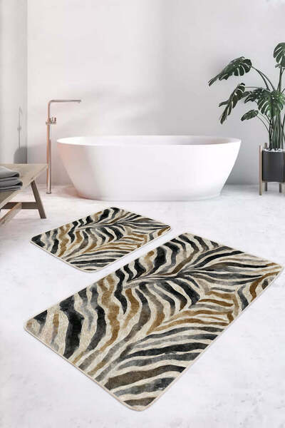 Realhomes مجموعة سجادة حمام حديثة منقوشة بنقشة الحمار الوحشي باللونين الأسود والبيج مكونة من قطعتين وقاعدة غير قابلة للانزلاق وقابلة للغسل