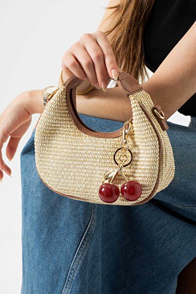 BK Bags & Accessories حقيبة يد وكتف نسائية من القش مع هدية ساحرة