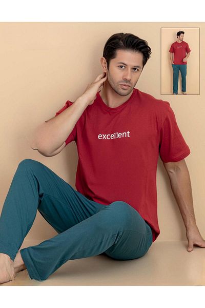 PİJAMERRY Pijamerry Men's Crew Neck Short Sleeve Combed Cotton Pajama Set 6321 - 1 Piece