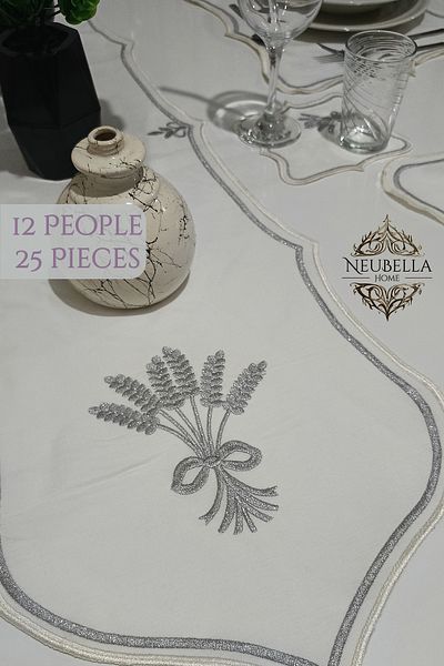NB Neubella Home Nerina 25 Piece Luxury American Service Runner Presentation Embroidered Cover Set Carefree Dowry Linen for 12 People
