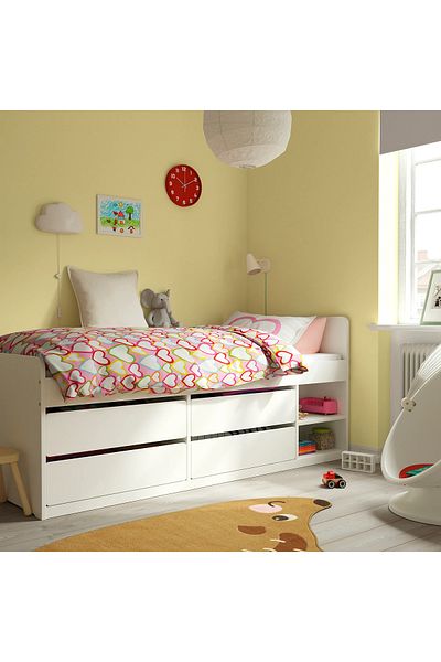 Generic White Wooden Bed frame with bed base with drawers and storage shelves 190x90cm