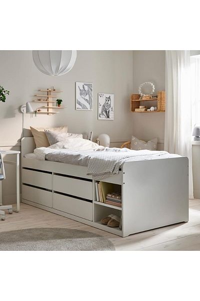 Generic White Wooden Bed frame with bed base with drawers and storage shelves 190x90cm