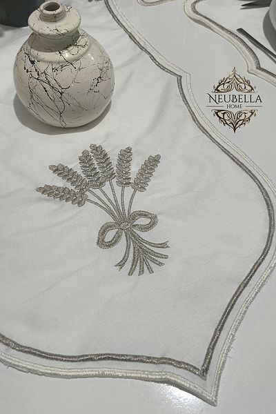 NB Neubella Home Луксозна пътека Nerina Runner, бродирана маса, масичка за кафе, конзола, кухненска покривка, Carefree Dowry, лен, гипюр