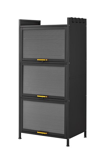 Lawazim Iron Cabinet - 3 Layer Vertical Storage Cabinet with Ribbed Doors and Side Hooks