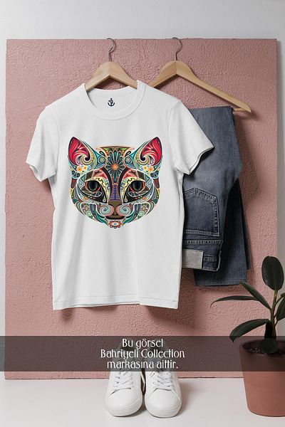 Bahriyeli Collection Oversize Vector Patterned Cat Head Design Unisex T-Shirt