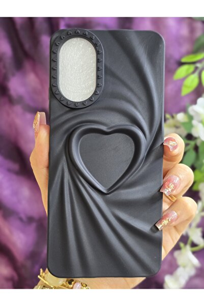 Magic Ring OPPO A38 Uyumlu 3D Kalpli Siyah Silikon Kılıf