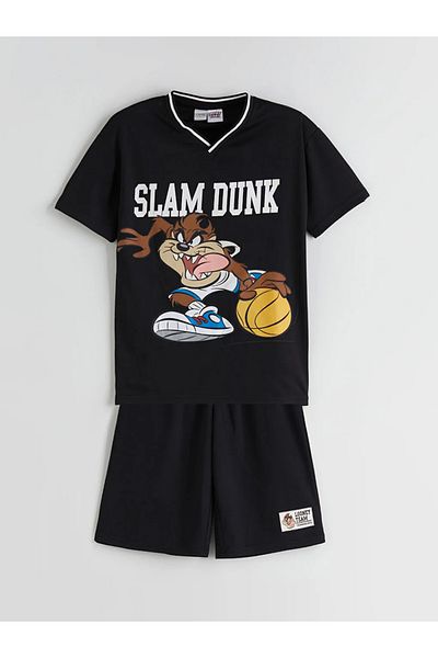 LC Waikiki Lcw Kids Black V-Neck Tasmanian Devil Printed T-Shirt and Shorts for Boys
