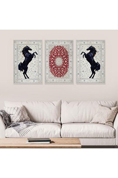 SND ثلاث لوحات قماشية بتصميم حصان مع برواز فضي مجوف