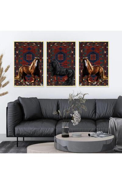 4gdran ثلاث لوحات قماشية بتصميم حصان مع برواز ذهبي مجوف