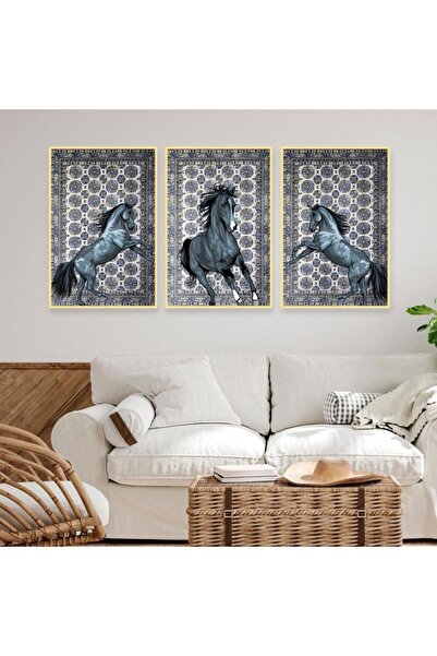 Marktna ثلاث لوحات قماشية بتصميم حصان مع برواز ذهبي مجوف