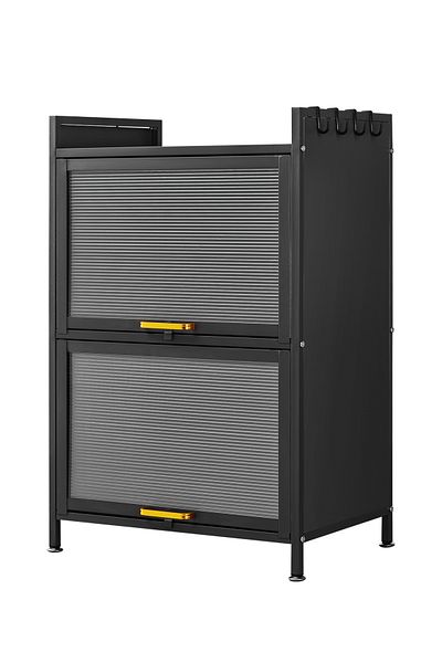 Lawazim Iron Cabinet - 2 Layer Vertical Storage Cabinet with Ribbed Doors and Side Hooks