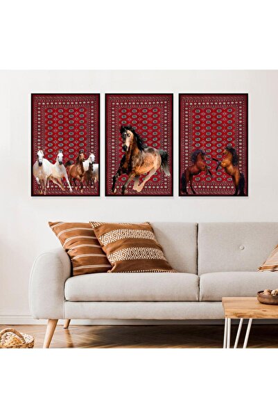 SND ثلاث لوحات قماشية بتصميم حصان مع برواز أسود مجوف