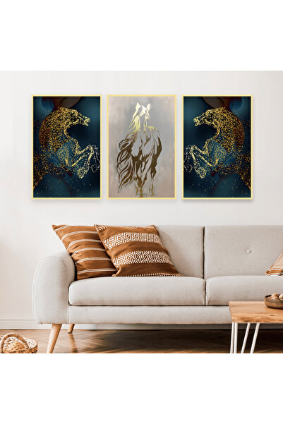 Marktna ثلاث لوحات قماشية بتصميم حصان مع برواز ذهبي مجوف