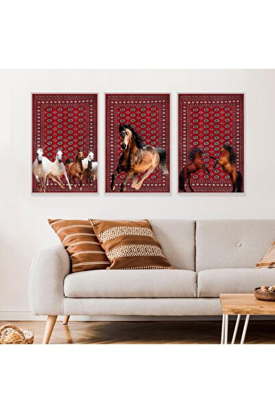 SND ثلاث لوحات قماشية بتصميم حصان مع برواز فضي مجوف