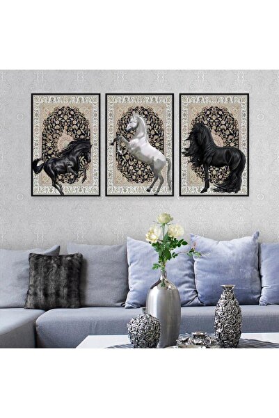SND ثلاث لوحات قماشية بتصميم حصان مع برواز أسود مجوف