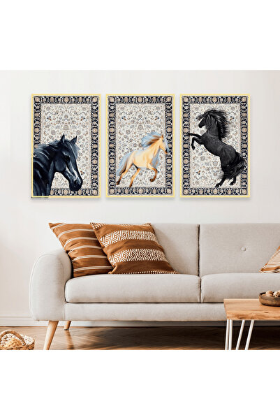 4gdran ثلاث لوحات قماشية بتصميم حصان مع برواز ذهبي مجوف