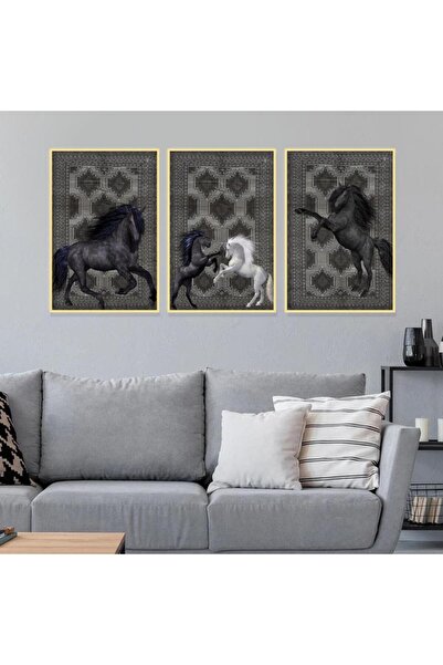 SND ثلاث لوحات قماشية بتصميم حصان مع برواز ذهبي مجوف