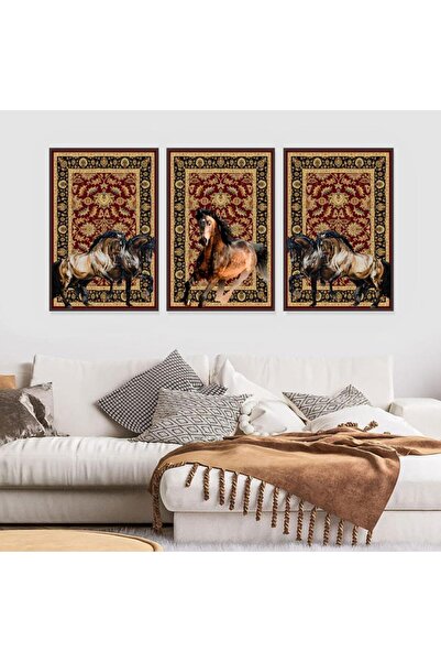 4gdran ثلاث لوحات قماشية بتصميم حصان مع برواز بني مجوف